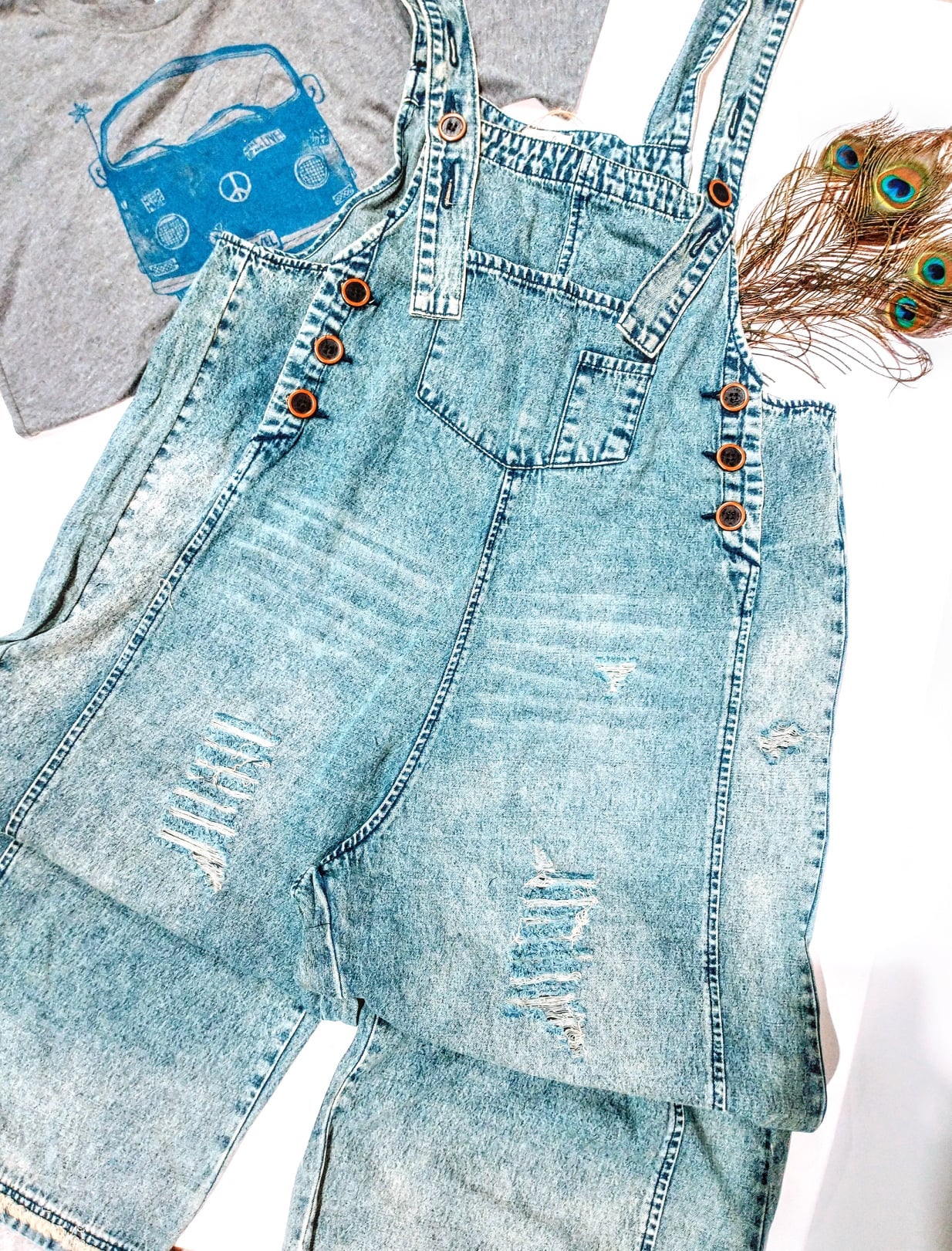 EASEL BRAND WASHED DENIM OVERALLS-Blue or Black